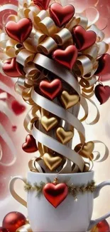 Mobile wallpaper with heart ribbons in a cup on red background.