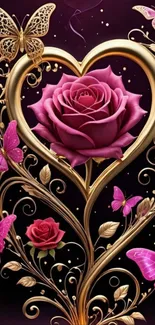 Gold heart with pink rose and butterflies on dark background.
