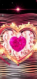 Vibrant pink heart with golden frame wallpaper design.