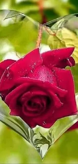 Heart-shaped glass with red rose inside against green leaves.