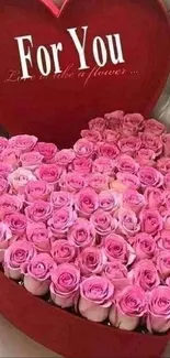 Heart-shaped box with pink roses and 'For You' message.