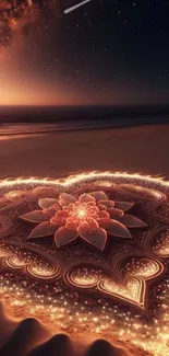 Heart-shaped illuminated sand art under a starry sky, perfect for phone wallpaper.