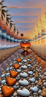 Surreal heart pathway with sunset on a beach, vibrant seascape wallpaper.