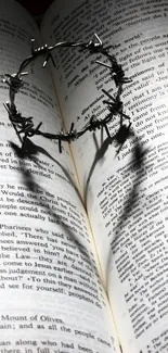 Barbed wire heart shadow on open book pages.