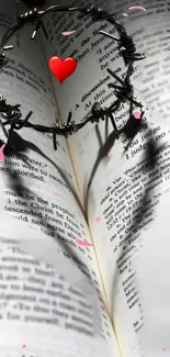 Heart shadow on book with barbed wire and red heart shape.