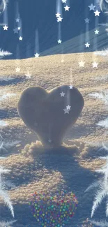 Heart-shaped snow sculpture with stars under a frosty blue sky.