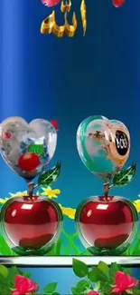 Heart-shaped apples with blue background art.