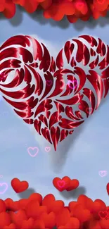 Artistic heart wallpaper with red and white design on blue background.