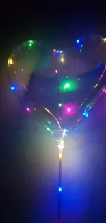 Heart-shaped balloon with colorful LED lights glowing on a dark background.