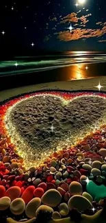 Heart beach art with stones under starry sky