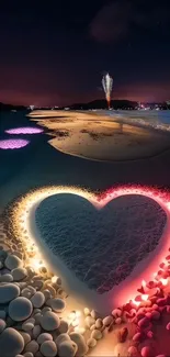 Heart-shaped lights on a beach at night with fireworks.