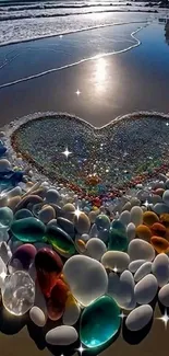 Gemstone heart on beach with ocean view.