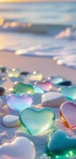 Heart-shaped glass pieces on a sunlit beach.