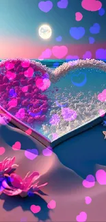 Heart-shaped sculpture on moonlit beach, pink and blue hues, flowers, serene night scene.