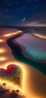 Heart-shaped sand art under a starry night sky with glowing lights.