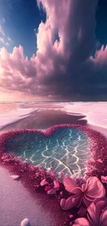 Heart-shaped water reflection with pink flowers on beach.