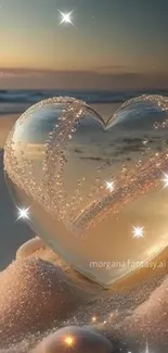 Heart-shaped object on sandy beach at sunset with serene ocean backdrop.