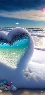 Heart-shaped ice formation on beach with ocean view.