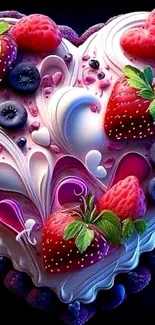 Heart-shaped berry cake with strawberries and blueberries on a dark background.