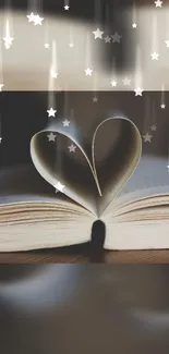 Heart-shaped book pages with falling stars wallpaper for mobile phones.