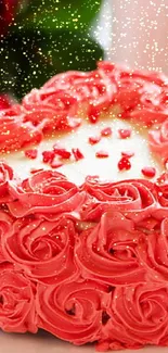 Heart-shaped pink cake with roses design on white plate.