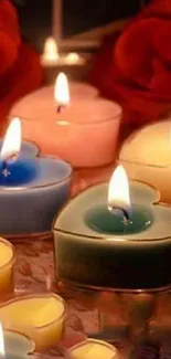 Heart-shaped candles glowing warmly with vibrant colors and soft ambiance.