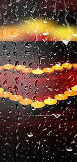 Heart-shaped candle light with raindrops on glass background.