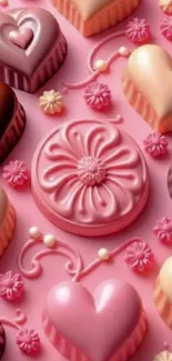 Heart-shaped chocolates on pink background wallpaper.