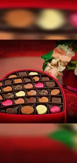 Heart-shaped chocolate box with flowers and vibrant red background.