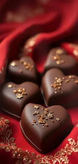 Heart-shaped chocolates on elegant red fabric.