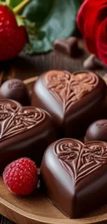 Heart-shaped chocolates with berries and roses.