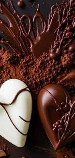 Heart-shaped dark and white chocolates with cocoa.