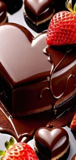 Heart-shaped chocolate dessert with strawberries.