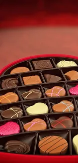 Heart-shaped box of chocolates with flowers in a vibrant red theme.