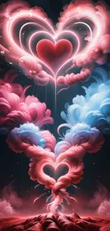 Heart-shaped clouds in vibrant pinks and blues against a dark background.