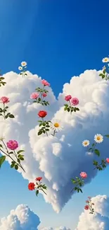 Heart-shaped cloud with flowers in blue sky.