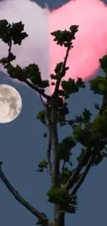 Heart-shaped clouds with a moonlit backdrop and tree silhouette.