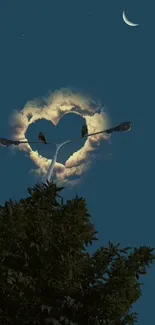 Heart-shaped cloud and moon over a dark lamppost at night.