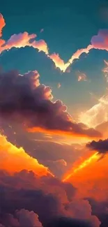 Heart shaped cloud with a vibrant sunset sky featuring orange and blue hues.