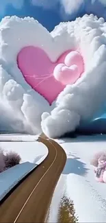 Heart-shaped cloud over snowy road.