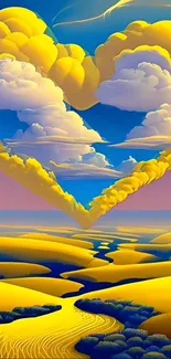 Heart-shaped cloud in vibrant sky over rolling hills.