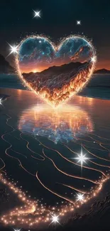 Heart-shaped glowing reflection on a coastal landscape at night.