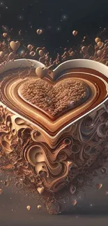 Heart-shaped coffee art with chocolate swirls and warm tones.