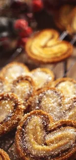 Heart-shaped cookies with sugar dusting on a rustic table.