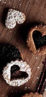 Heart-shaped cookies on a rustic wooden surface, dusted with powdered sugar.