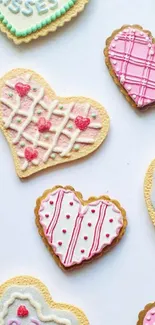 Heart-shaped cookies with pink icing on wallpaper.