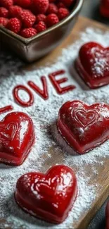 Red heart-shaped desserts with raspberries and 'LOVE' text.