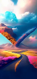 Dreamlike heart-shaped cloud with vibrant colors and pathway in surreal landscape.