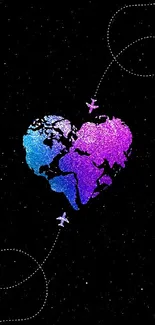 Heart-shaped world map with stars on black background.