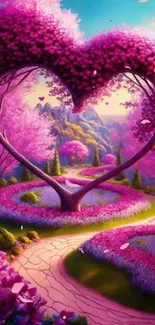 Heart-shaped tree in a pink fantasy landscape with flowers and path.